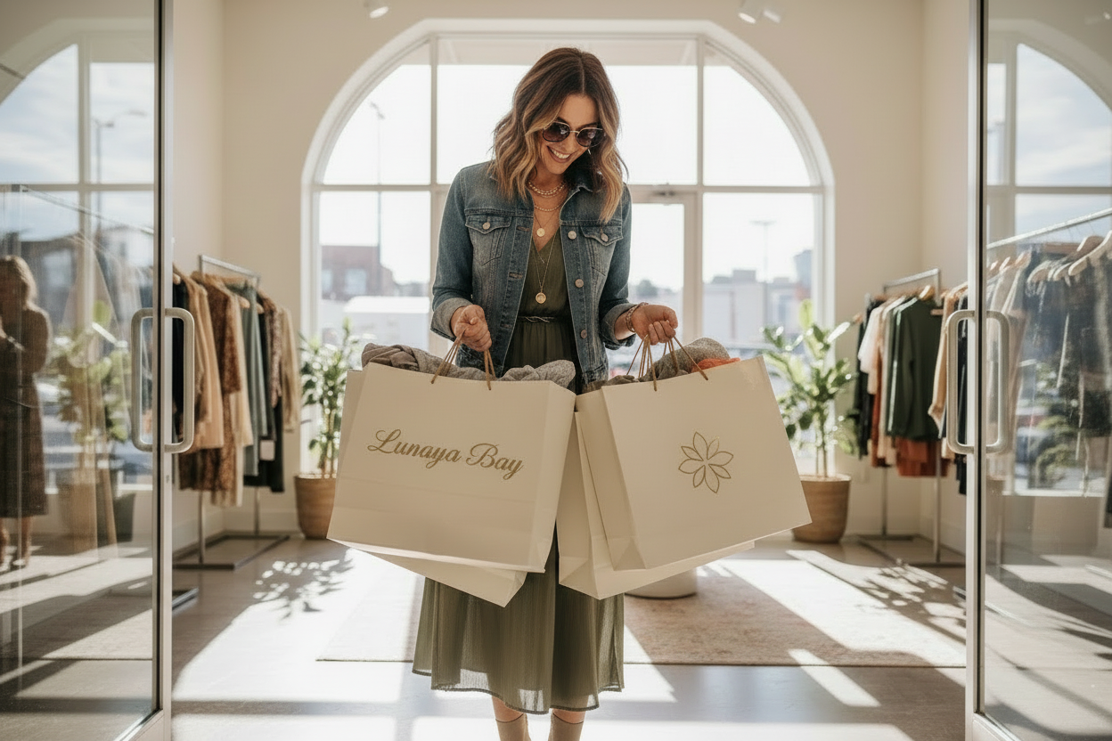 haal de vrouw op de achtergond weg en zet een vrouw neer die een beetje naar de kleding kijkt. hou de rest t zelfde